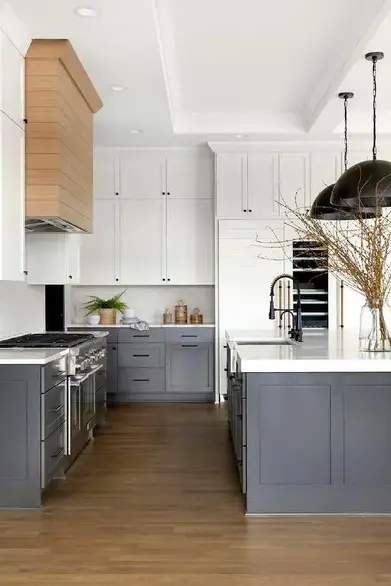 White Upper Cabinets and Gray Lower Cabinets with Gray Kitchen Island -  Transitional - Kitchen